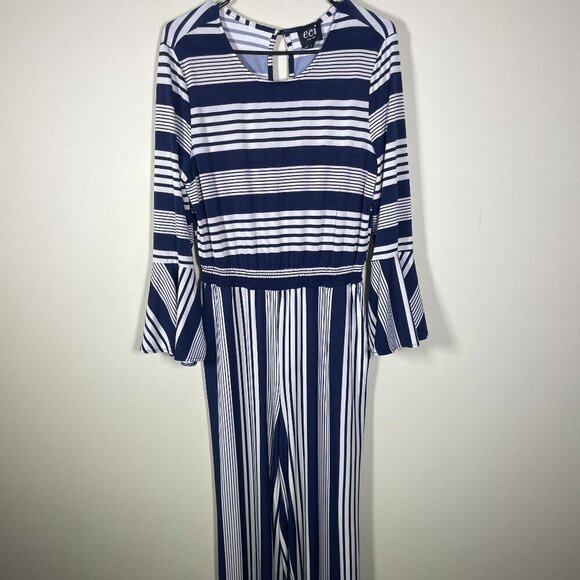 eci Women Navy White Stripe Long Bell Sleeve Pant Romper Jumpsuit Stretch Large! - Picture 1 of 7
